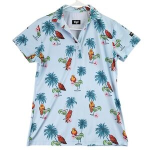 Waggle Parrot Cocktail Polo Shirt Womens M Light Blue Tropical Golf Performance